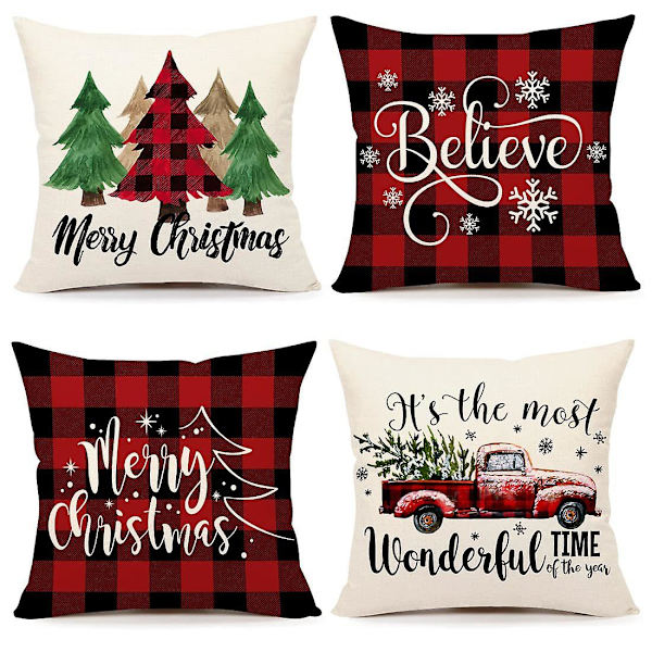 Julkuddar 18x18 Set om 4 Rosa Ränder Tomte Snögubbe Snöflinga God Jul Gran Låt Det Snöa