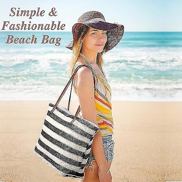 Stor Strandveske Straw Tote Bag Glidelås Skulderveske Kvinners Bohemian Sommerstrandveske Håndveske For Piknik Trening Shopping