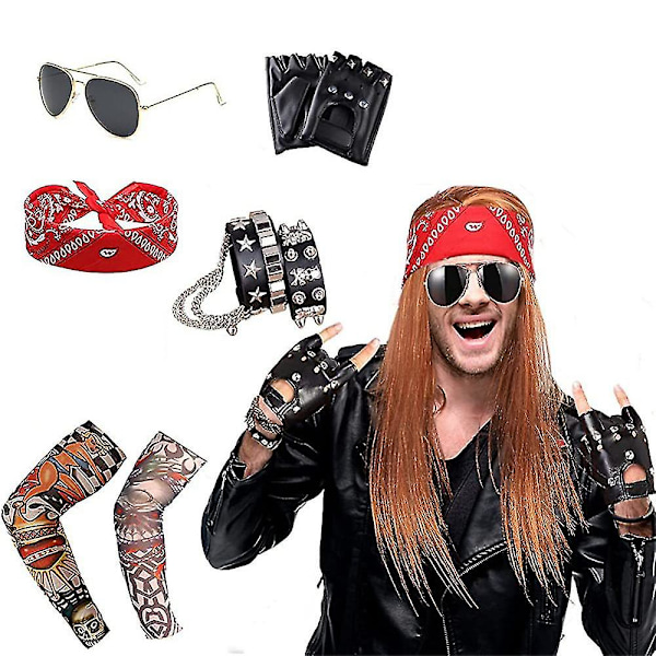 1980's Metal Rocker Rockstar Rock N Roll Costume 70s 80s Party Accessories Set Headband Tattoo Cuff Gloves Punk Bracelet（6 Pieces）