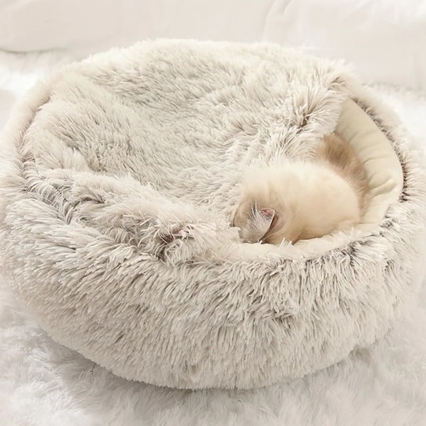 2 i 1 halvlukket katteseng, rund kort plysj lang varm vinter katteseng, Donut Fluffy katteseng, 40 * 40cm, lys brun