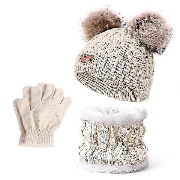 Hatt, Halsduk och Vantar Set, Barnvinterhattar 3-delar, Beanie Halsvärmare och Vantar för Barn (Beige)