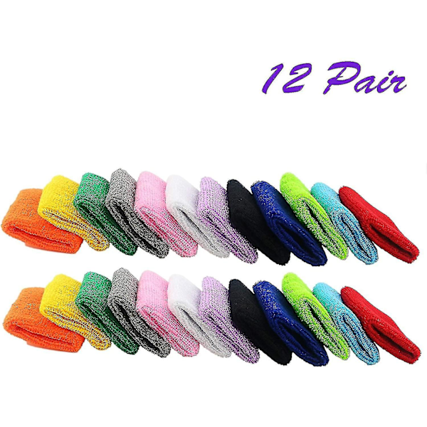 12 Par Olika Färgade Bomulls Svettbands för Sport Basket (Armband