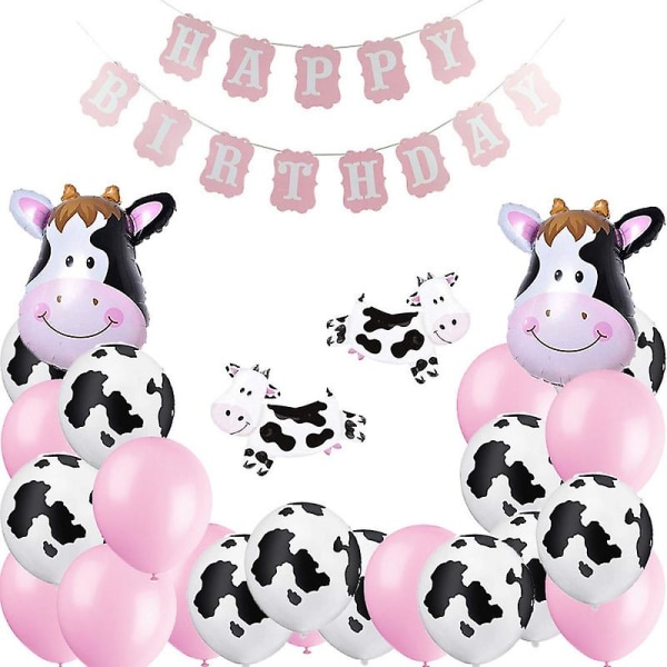 Funny Cow Party Dekorationer Ballong Arch Garland Kit Med Grattis på födelsedagen Banner, Cow Print Ballonger Baby Rosa Ballonger, Walking Cow Mylar Ballong För