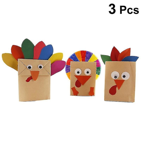 3-pack Thanksgiving DIY-tillbehör för pyssel - Gör din egen kalkon av papperspåse - Pedagogiska leksaker för barn