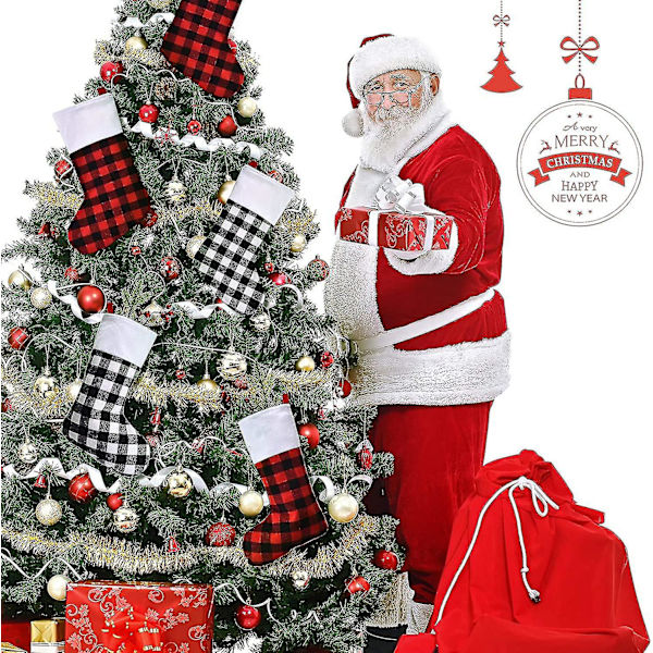 6 stycken julstrumpor i buffelrutig design, klassiska strumpor, juldekorationer, julstrumpor med plyschkant för familjens jul- och festdekoration