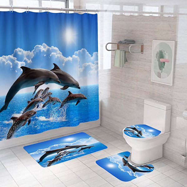 4 set hopp delfin blå hav himmel vit moln vackra duschdraperier halkfri matta toalett och badmatta set badrumsdekor 72\" x 72\"