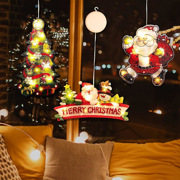 3 st juldekorationer för fönster, julbelysning för inomhus, fönsterhängande dekorationer, festliga julklappar (3 st tomte och julgran