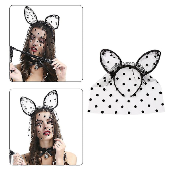 Sexy Kattøreføybånd for Kvinner med Mesh, Ruffler, Blonder og Polka Dot Svart Maske Slør Hårbånd Halloween Cosplay Fest Hodeplagg