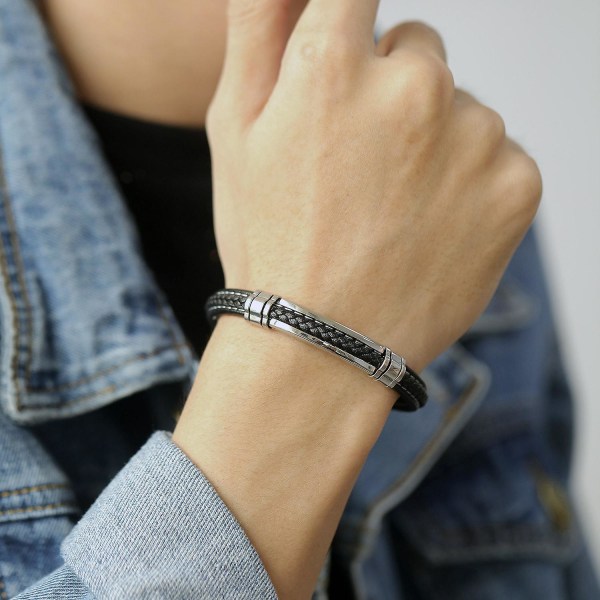 Mäns svart läderarmband Teen Boys Silver Rostfritt stål Justerbart Spänne Armband