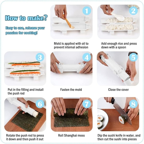 Sushi-valmistaja, Sushi DIY -kone, Sushi Bazooka, Sushi Matte, Rullakone, Kasvislihan rullaustyökalu Keittiötarvikkeet Sushi-työkalu (Valkoinen)
