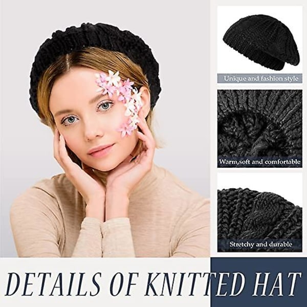 Strik Beret Kvinder Sort Bouffant Flettet Beret Hæklet Beret Hat Vinter Løs Chunky Hue Varm Ski Cap