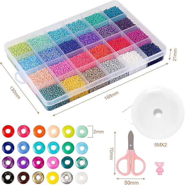 Mini Glasfrøperler til Armbånd Smykkefremstilling og Håndværk med Elastisk Snøre, Saks og Opbevaringsboks, 2mm, 24 Farver