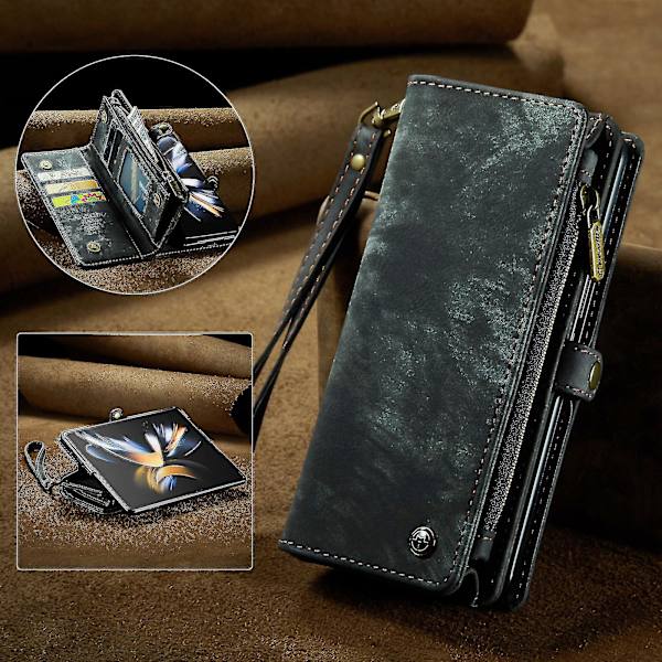Plånboksfodral med blixtlås Kompatibelt med Samsung Galaxy Z Fold 4, PU-läderfodral med kortfack & handledsrem (Rosa)