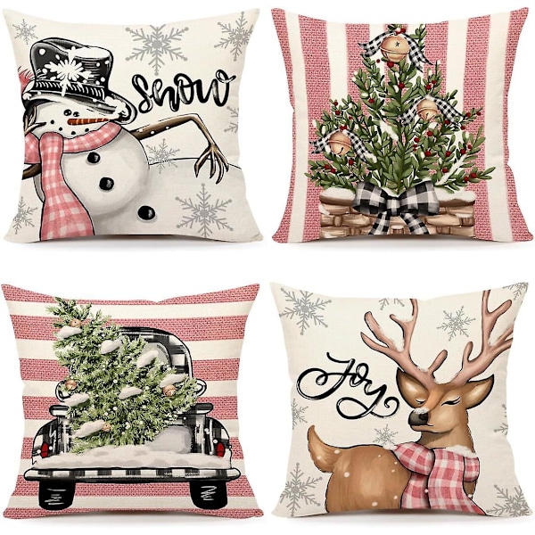 Julkuddar 18x18 Set om 4 Rosa Ränder Tomte Snögubbe Snöflinga God Jul Gran Låt Det Snöa