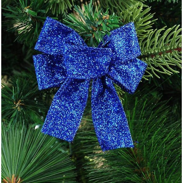 12 Pakke Glitter juletrepyntsløyfer 10x8cm julebåndsløyfer Dekorasjon til juletre, krans, dør, dekorativ gave (blå)