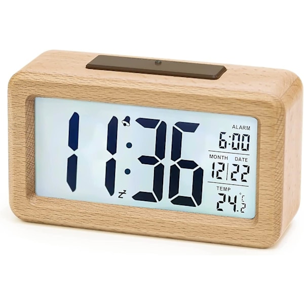 Digital väckarklocka, träbordsur med stor LCD-bakgrundsbelyst display, temperatur, drivs av 3 AAA-batterier [batterier ingår ej]