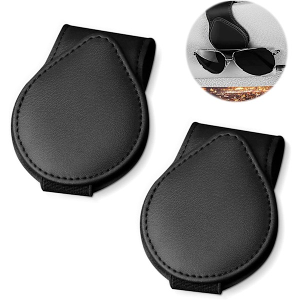 Glasögonhållare, läder glasögonhållare för bil, 2-pack glasögonhållare för bil solskydd, läder glasögonhållare (svart)