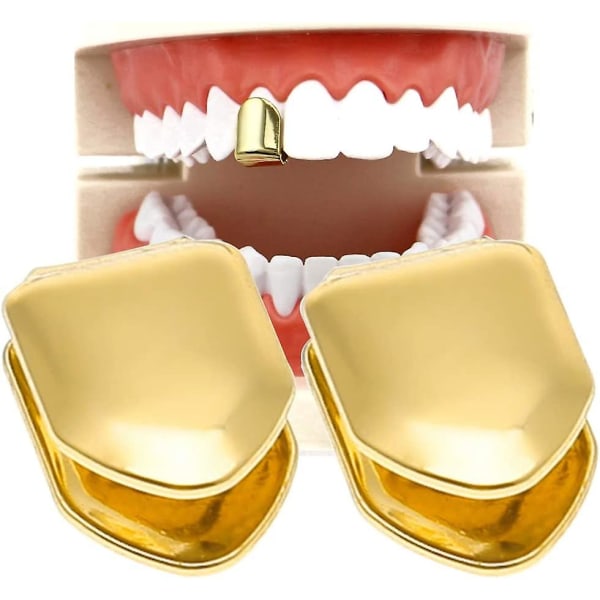 2 stykker 14k belagt gull munntenner, vanlige tenner, topptann Enkel grillhette for tenner munn, festtilbehør Tanngriller (farge: gull)