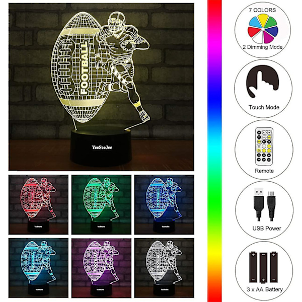 Fodboldgaver til mænd 3D Illusion Lampe med 7 Farver Timer Fjernbetjening Fødselsdagsgaver til 6 7 8 9 10 År Gamle Drenge Gaver til Drenge (fotb 7cb)