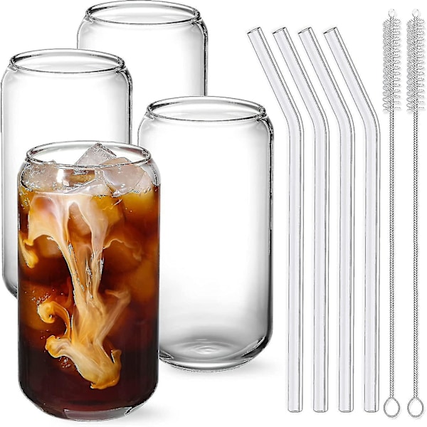 Drinking Glasses With Glass Straw 4pcs Set - 16oz Can Shaped Glass Cups, Beer Glasses, Iced Coffee G