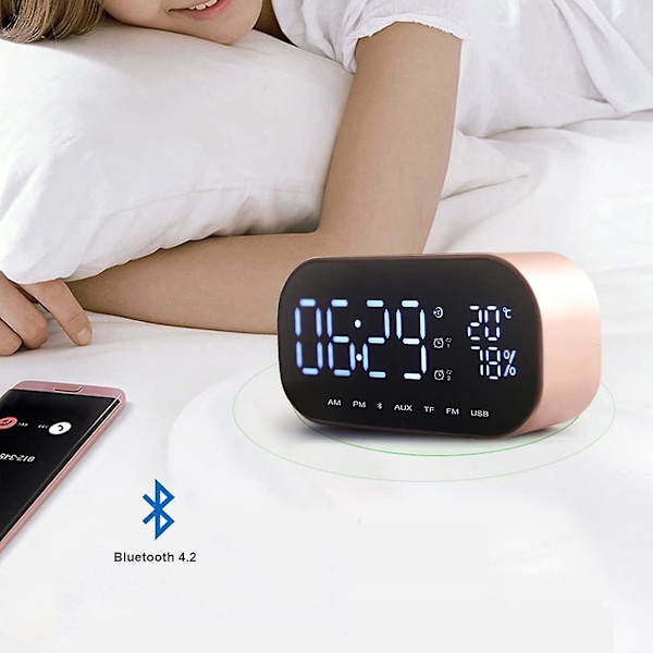 Digital Radioväckarklocka, Trådlös Bluetooth-högtalarklocka, USB-laddningskort för skrivbord (Roséguld)