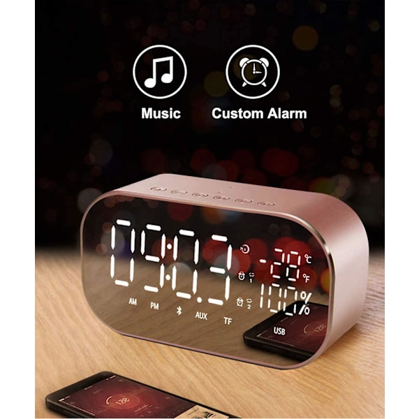 Digital Radioväckarklocka, Trådlös Bluetooth-högtalarklocka, USB-laddningskort för skrivbord (Roséguld)