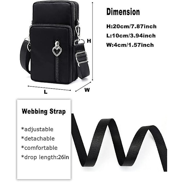 Kvinder Cross Body Telefon Taske Damer Over Shoulder Tasker 3 Lag Mobiltelefon Taske Pung Nylon Tegnebog til Kvinder Håndtasker, Sort