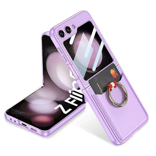 Wallet Z Flip 5 Etui, PU Læder Stødsikkert Etui Kompatibelt med Samsung Galaxy Z Flip 5 Med Kortlomme & Ringholder (Lilla)