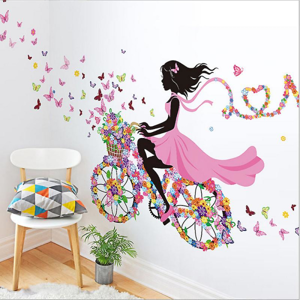 1 stk. Romantisk pige på cykel vægklistermærke Blomster Sommerfugle Fe Aftageligt klistermærke dekoration til pigers værelse Børn Babyer DIY Dekorativt klæbende st