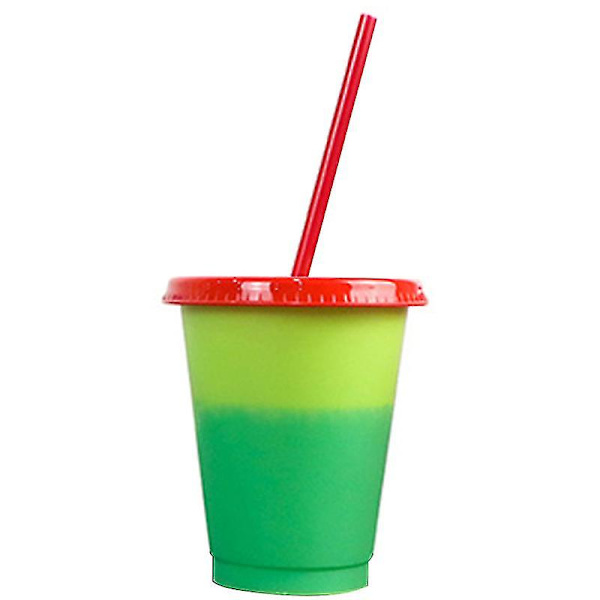 Kreativ Färgväxlande Mugg med Lock och Sugrör Återanvändbar Plast Kort Kall Dryckesmugg för Vuxen (Orange)