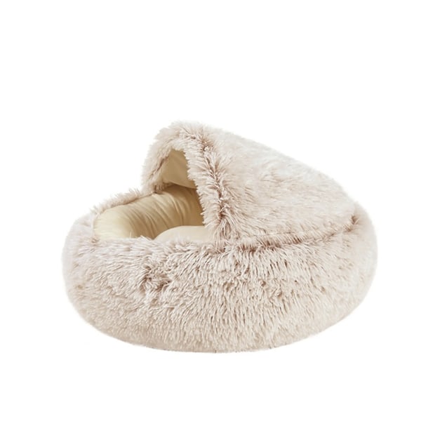 2 i 1 halvlukket katteseng, rund kort plysj lang varm vinter katteseng, Donut Fluffy katteseng, 40 * 40cm, lys brun