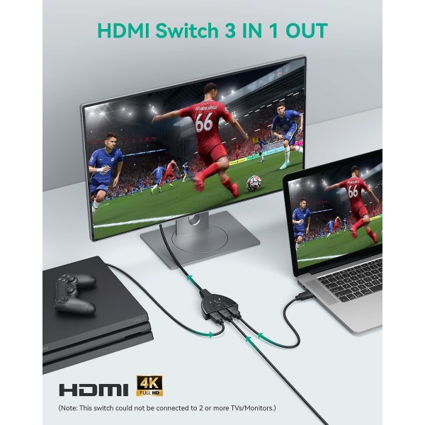 HDMI-switch 1080P, 3-ports HDMI-switch HDMI-switchvælger Manuel splitter - 3 indgange til 1 udgange HDMI-omskifter - Fuld HD1080p/3D understøttet med høj