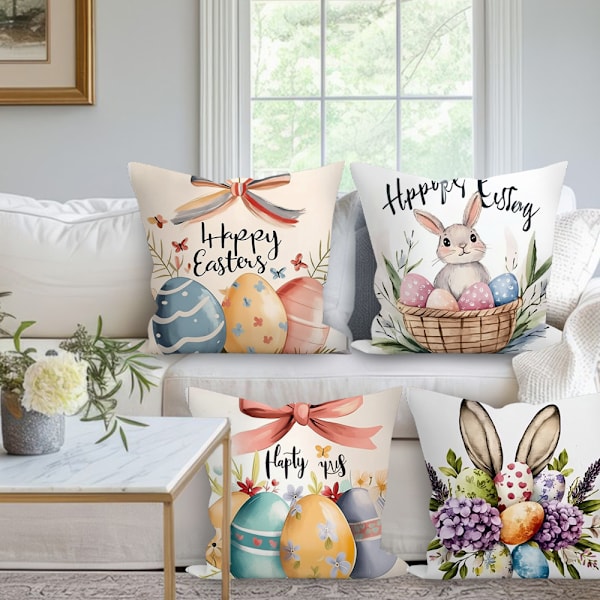 4-delars set Påsk örngott kanin ägg soffa kuddfodral 45*45cm (endast örngott, inget innehåll)