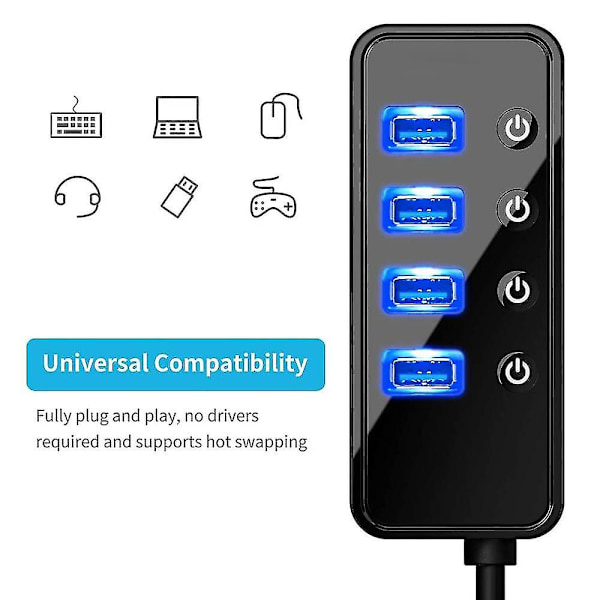 4-ports USB 3.0 Hub med 4 USB 3.0 data-porter og 1 USB smart ladepunkt, USB-splitter med individuelle av/på-brytere og 5V/3A strømtilpasning