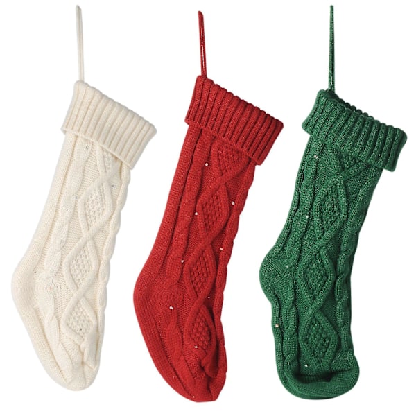 3-pack Stickade Julstrumpor med Ljussatt Julgran Dekoration
