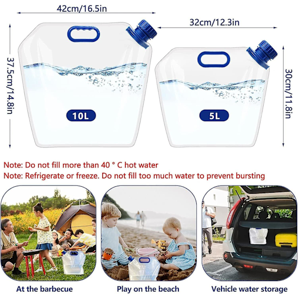 Vattenbehållare hopfällbar vattenbehållare vattenbehållare bärbar hopfällbar vattenflaskor för utomhuscamping vandring picknick BBQ (5L + 10L)