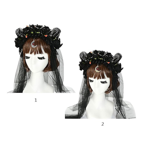 Halloween Lolita Cosplay Pandebånd Fårhorn Sort Rose Blomst Krans Hårbånd Langt Mesh Slør Måne Vedhæng Hovedbeklædning
