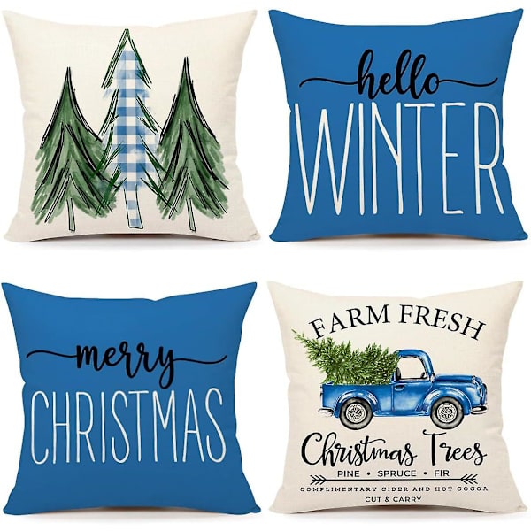 Julkuddar 18x18 Set om 4 Rosa Ränder Tomte Snögubbe Snöflinga God Jul Gran Låt Det Snöa