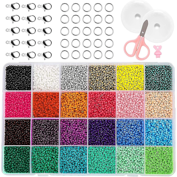 Mini Glasfrøperler til Armbånd Smykkefremstilling og Håndværk med Elastisk Snøre, Saks og Opbevaringsboks, 2mm, 24 Farver