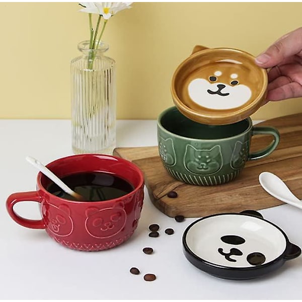 Söt mugg med lock, djur kaffekopp tekopp fat set, födelsedag examen presenter Alla hjärtans dag mors dag påsk jul presenter 3000ml, grå