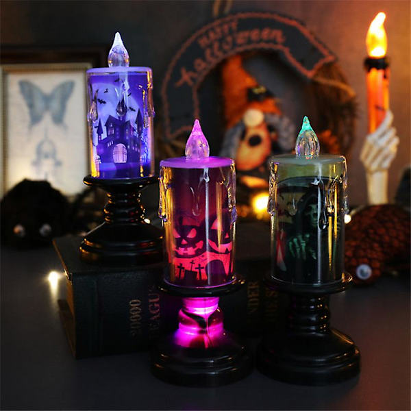 3 kpl Halloweenin liekittömät kynttilät, paristoilla toimivat LED-kynttilät lumipallo-pyörremyrskylamput violetilla valolla kodin sisätilojen Halloween-koristeluun