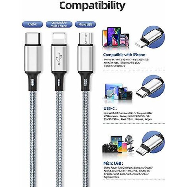 cble De Chargement Multiple, 3-pack, 120 Cm 3in1 Cble USB En Nylon Tress Avec Cble USB C, Cble Micro USB, Compatible Avec Iphone, Android Cble De C