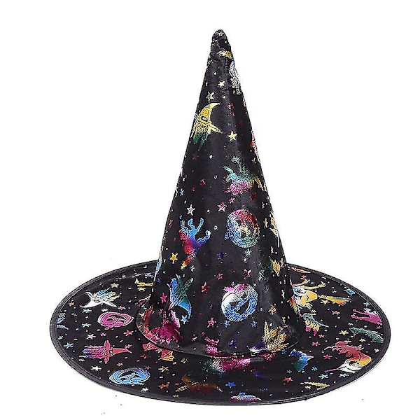 Halloween trollkarlshatt, färgglad bronsad spetsig hatt, bredbrättad trollkarlshatt