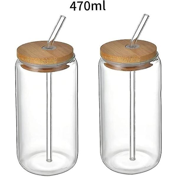 Dricksglas med bambulock 2 st glasölsmuggar Juiceglasmuggar Återanvändbara transparenta muggar för drycker Kaffe Isvatten 470ml (h-3)