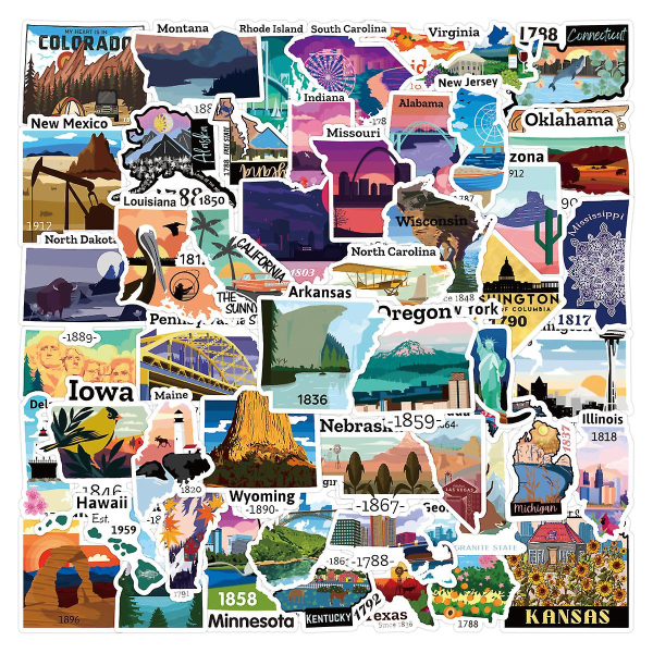USA State Sticker Karta | 50 statliga klistermärken former för husbil, vinyl vattentät resekarta klistermärke för husbil inredning Laptop Scrapbook Vatten