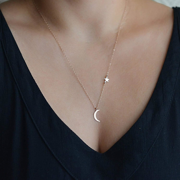 Fint mån- och stjärnhänge halsbandskedja mode charm boho halsband smycken för kvinnor och flickor (guld)