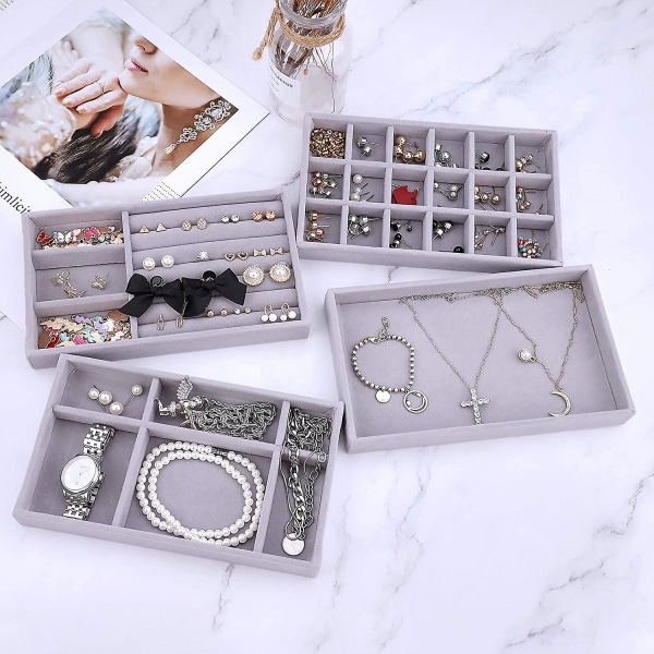 Smyckesbricka Organizer Set med 4 sammetsstapelbara smycken Låda Organizer Bricka Örhänge Ring Halsband Armband Display Rack Showcase Smycken Förvaring