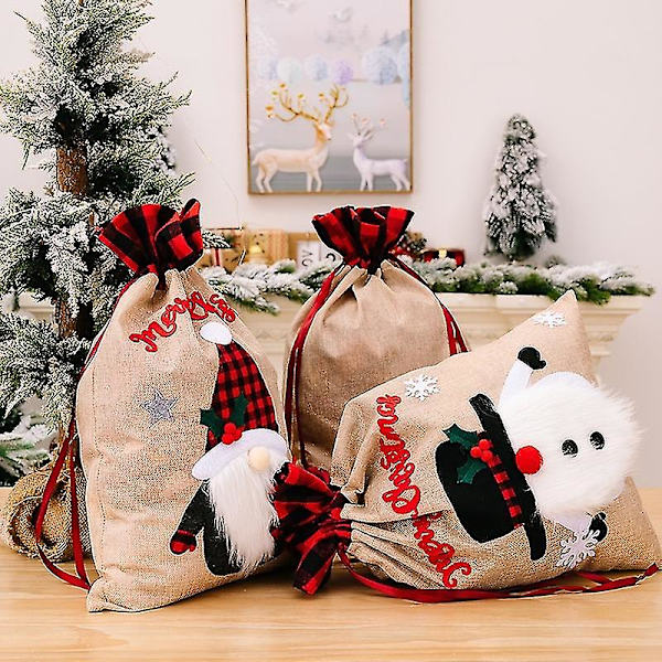 3-pack presentpåse för juldekoration, gammal snögubbe, ren, rutig linne, presentpåse för julen