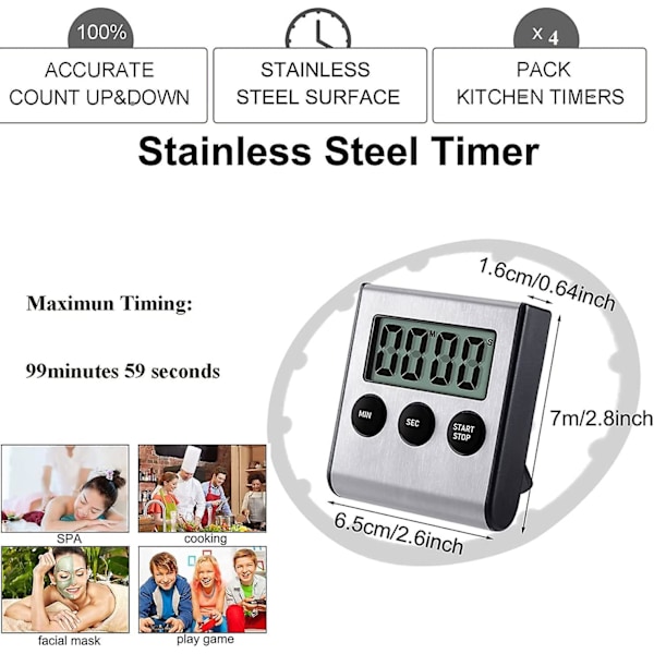 Køkken Timer, Digital Køkken Timer Magnetisk Nedtællings Køkken Timer med Høj Alarm Rustfrit Stål Timer til Køkken Madlavning