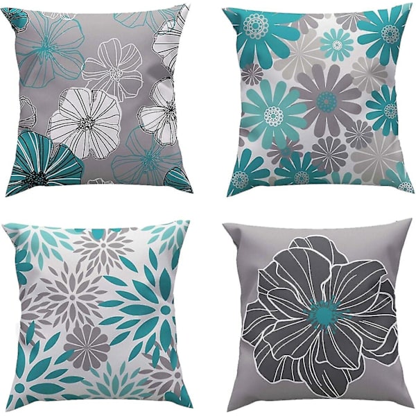Putetrekk 45 x 45 cm, sett med 4, dekorative putetrekk til sofa, moderne putetrekk til stue, pute til seng, utendørs, bil, grå og turkis